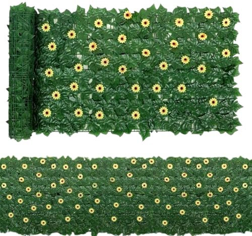 Künstlicher Efeu-, Sichtschutz-Hecke, 100 x 300 cm, künstliches Grün, Sonnenblumen-Ranken-Dekoration, Wandverkleidung für Garten, Terrasse, Balkon, Grüngelb
