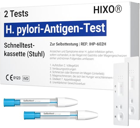 2x Helicobacter pylori Selbsttest – H. pylori Antigen-Schnelltest für Stuhlprobe – Ergebnis in 10 Minuten – Test auf Magenbakterien, Magengeschwür & Gastritis – 1x Selbsttest für Zuhause