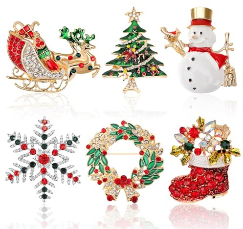 Weihnachten Brosche, 6 Stück Weihnachtsbrosche Kristalll Weihnachtsanstecker für Weihnachtsschmuck Dekoration Geschenk