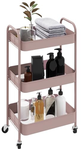 HOMCOM Servierwagen mit 3 Ebenen Rollwagen mit Rollen Griff Rosa | Küchenwagen, mit Haken, 2 Hängekörbe, Küchenregal, Küchenrollwagen, für Küche Büro Badezimmer