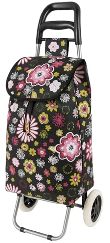 Floral Shopping Trolley Bag on Wheels with Side Pockets & Zip Pocket | Foldable Lightweight Grocery Cart 50x35x20cm | Reusable Market Laundry Carrier