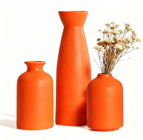 Keramik Vasen-Set, 3er Kleine Vasen Deko Orange, Blumenvasen Moderne | Rustikale Bauernhaus Home Decor Keramikvase,Dekorative für Pampasgras Grass&getrocknete Blumen