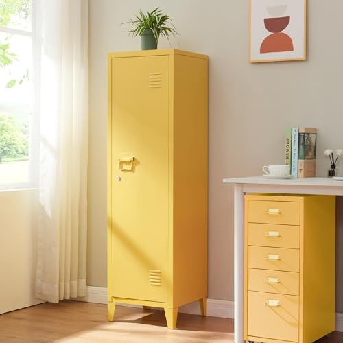 [en.casa] Einzelspind Kurikka Metallspind mit 2 Ablagen 137 x 38 x 38 cm abschließbar Schließfachschrank Metallschrank Garderobenschrank Gelb