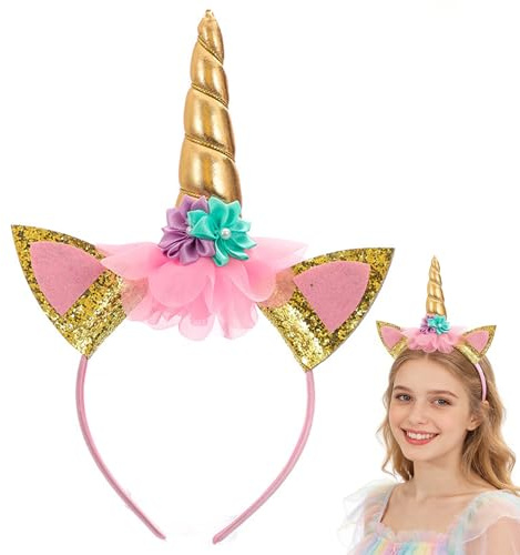 Einhorn Stirnband,Einhorn Horn Haarreif,Einhorn Haarreif mit Ohren und Blumen,Head Accessoires Party Dekoration,Kostüm Accessoires für Karneval & Fasching