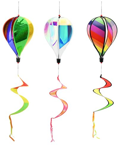 3 Pieces Hot Air Balloon Wind Spinner 27x130cm Colorful Rainbow Windmill Striped Windsock Rotating Sequins Wind Chime Magical Wind Powered Yard Art Decorations for Indoor Outdoor Garden Yard Lawn