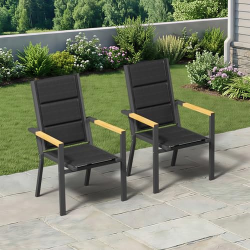 TRIUMPHKEY Gartenstuhl aus wetterfestem mit Holzkorn Handlauf, Aluminium Outdoor Garten Stapelstühle mit Baumwollsitz für Balkon, Terrasse, Garten - Set aus 2 Stück, DunkelGrau