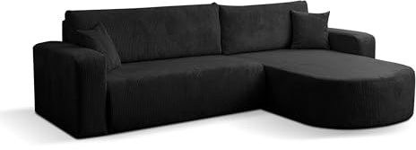 VENASI MÖBEL Ecksofa Tokio, Eckcouch in L-Form mit Schlaffunktion und Bettkasten, Farbe: Schwraz, Cordstoff, Ottomane Universal
