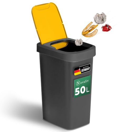 Novaliv Poubelle de 50 l avec couvercle basculant jaune, poubelle de tri sélectif pour sac jaune et emballage, système de tri des déchets recyclés, poubelle de cuisine, maison, bureau