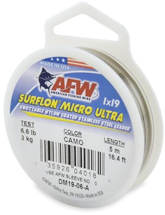 American Fishing Wire Surflon Micro Ultra, Nylon Coated 1x19 Stainless Steel Leader Wire, 6 lb Test, .010 Diameter, Camo, 5 m