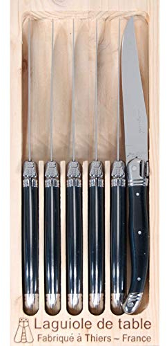 Laguiole 6 x Steak Knifes | Black Colour | Knifes Set In wooden Tray | Made In France