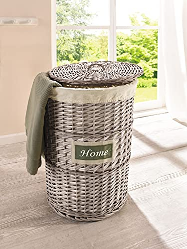 Dekoleidenschaft Wäschekorb Home aus Weide, grau, mit Deckel, im Landhaus Stil, Wäschesammler, Wäschetonne, Flechtkorb, Schmutzwäsche-Behälter für Badezimmer & Schlafzimmer
