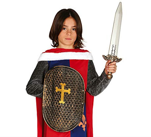 FIESTAS GUIRCA | Mittelalterlicher Schild mit Schwert (Schild 41 cm, Schwert 48 cm) – Kostümzubehör für Karneval, Themenpartys, Ritter, Krieger, Kreuzritter – Kinder & Erwachsene – Gold