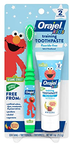 Orajel Elmo Fluoride-Free Tooth & Gum Cleanser with Toothbrush, Combo Pack, Banana Apple Flavored Non-Fluoride, 2 Piece Set