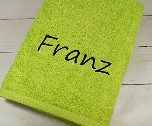 Duschtuch Handtuch personalisiert mit Namen Frottier grün 70x140 Badehandtuch Baumwolle Namenshandtuch weich Badetuch Sauna Badezimmer -500 g/m2 - Geschenkidee(70 x 140 cm, Grün) (140222)