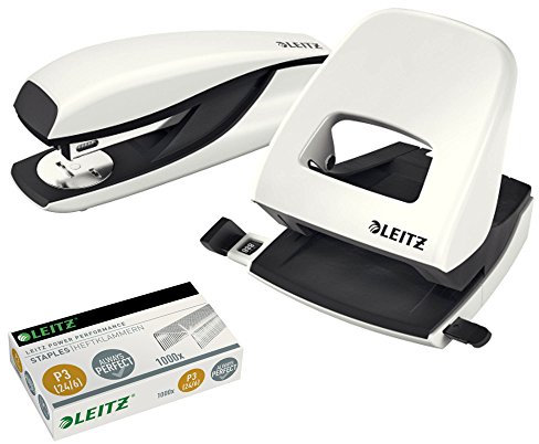 Leitz 5008 NeXXt Series Bürolocher, Metall, bis zu 30 Blatt / Kombi-Set mit Heftgerät + 1000 Klammern extra (Perlweiß)