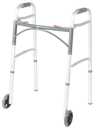 Drive Medical Two-Button Folding Walker With Wheels - Lightweight Rolling Mobility Support - Adjustable Height - Dual Push-Button Operation - 5 Inch Front Wheels - Durable Aluminum - Silver