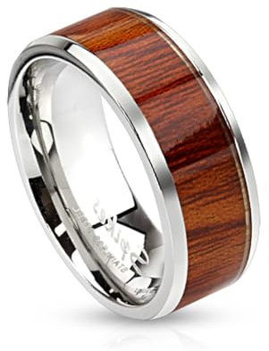 Paula & Fritz® Ring Damen Bandring Silber Holz-Inlay 316L Chirurgenstahl Größe 70 (22,3) 8-mm Ring-breite Herren-Ring Partnerring Ehe-Ring Verlobung
