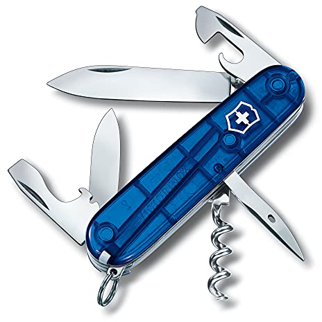 Victorinox Spartan Swiss Army Knife, Camping Pocket Knives, Medium, Multi Tool, 12 Functions, Blade, Bottle Opener, Blue Transparent