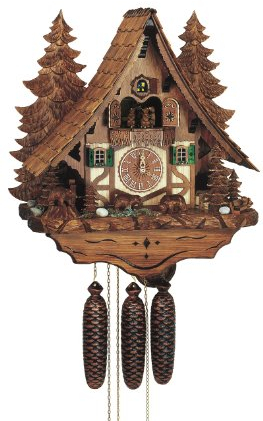 Anton Schneider Kuckucksuhr Chalet mit beweglichem Bär und Mühlrad
