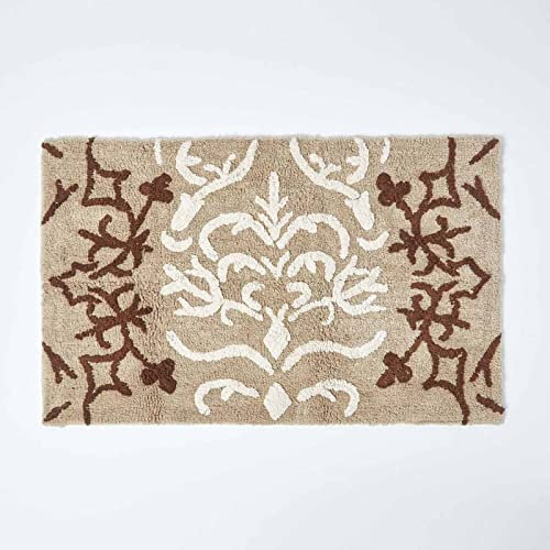 HOMESCAPES Damask Bathmat, Beige, 50 x 80 cm, 1400 GSM rug in 100% Cotton, Non Slip Spray Back, Washable at Home