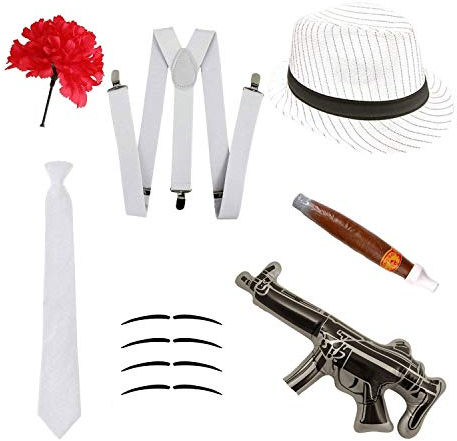 Robelli Gangster Fancy Kleid Set-Trilby Hut, Krawatte, Hosenträger, Zigarre, Schnurrbart & Nelke