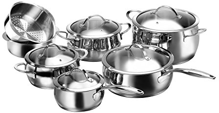 Karcher Topfset Lara aus Edelstahl, Kochgeschirr Induktion-Kochtopf-Set, Töpfe und Pfanne und Stielkasserolle mit Glasdeckel, 7-teilig