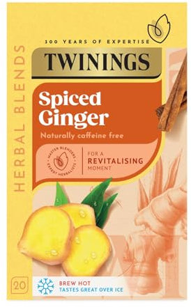 Twinings Ginger FlavouredTea - 20 Biodegradable Tea Bags Warming Herbal Blend Caffeine-Free Multipack for Convenience and Freshness