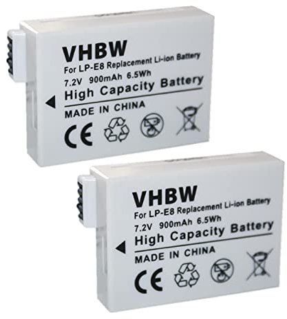 vhbw 2X Akku kompatibel mit Canon EOS 550, 550D, 600, 600D, 650, 650D, 700D, Kiss X4 Kamera (900mAh, 7,2V, Li-Ion)