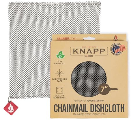 Knapp Made 7x5 Chainmail Dishcloth - Stainless Steel Cast Iron Scrubber | Replace Your Dirty Sponge. All-purpose Kitchenware Cleaner For Pots, Pans & Cookware - Lasts a Lifetime
