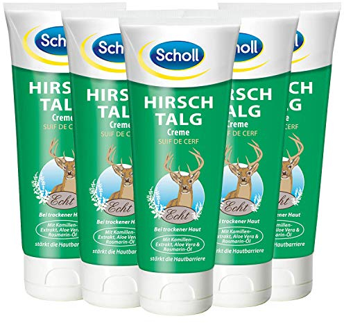 Scholl Hirschtalg-Creme – Reichhaltige Creme zur Vorbeugung von Hornhaut, Blasen & Hautreizungen – 6 x 100 ml Fußcreme für rissige Füße