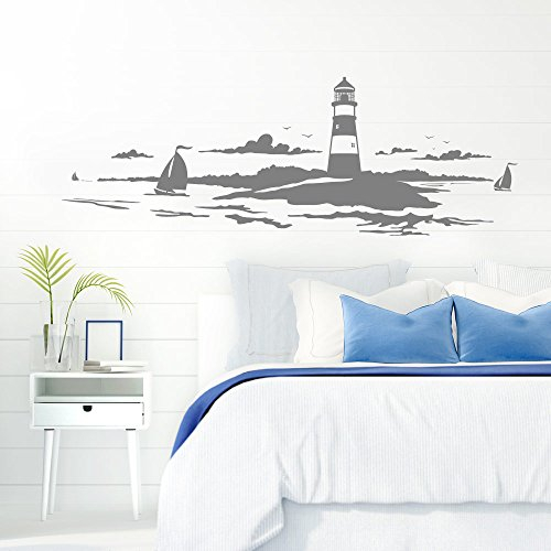 Grandora Skyline Küstenlandschaft Leuchtturm I Mittelgrau 90 x 30 cm I Bad Wohnzimmer Schlafzimmer Aufkleber Wandaufkleber Wandsticker Modern W974