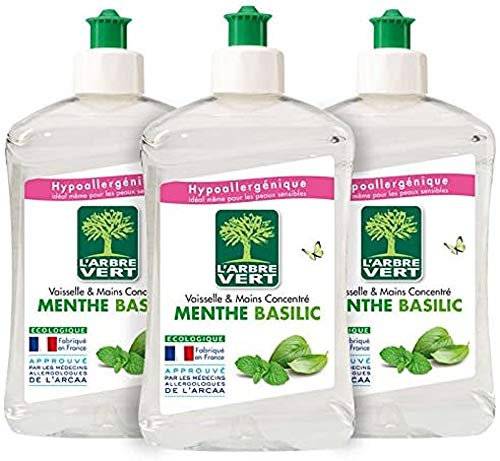 L'arbre vert Liquide Vaisselle Mains Menthe/Basilic Hypoallergénique - Lot de 3