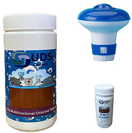 SUDS-ONLINE 50 x 20g Multifunctional Chlorine Tablets + 50 Test Strips + Floating Dispenser for Pools Spa Hot Tub