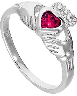 jewellerybox Sterlingsilber & Rubin CZ Kristall Juli Geburtsstein Claddagh Ring Größe 59 (Erhältlich 48-63)