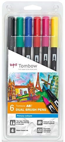 Tombow ABT-6P-1 Fasermaler Dual Brush Pen mit Zwei Spitzen 6er Set, primärfarben, bunt
