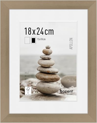 accent by nielsen Holz Bilderrahmen Apollon, 18 x 24 cm, Silber | Holz Fotorahmen mit Passepartout im Hoch- & Querformat zum Auftstellen und Aufhängen Silber glänzend Echtglas