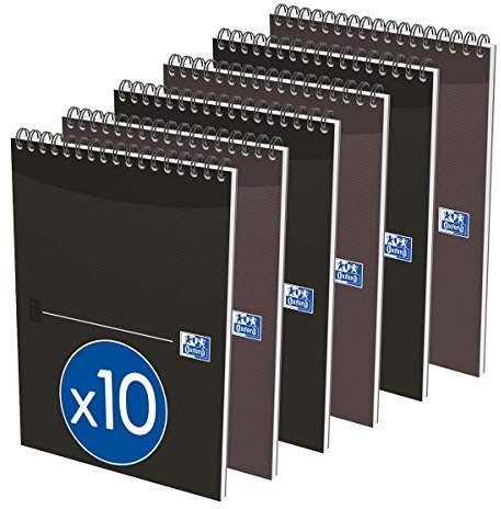 OXFORD Lot de 10 Bloc-Notes Essentials A5+ Petits Carreaux Margés 100 Pages Reliure Spirale Couverture Carte Coloris Assortis