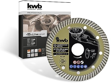 kwb AGGRESSO-FLEX® Gold-Line Diamanttrennscheibe ø 115 mit gesintertem Turborand, 22,23 mm Bohrung, hoher Lebensdauer und 9 Nebenlöchern