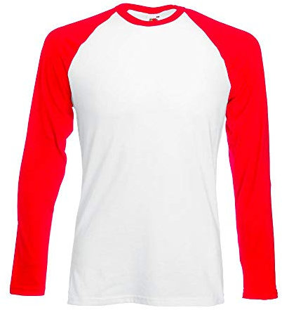 Fruit of the Loom Long Sleeve Baseball Tee Contrast Long Sleeve T-Shirt, Multi-Coloured - White/Red, Medium