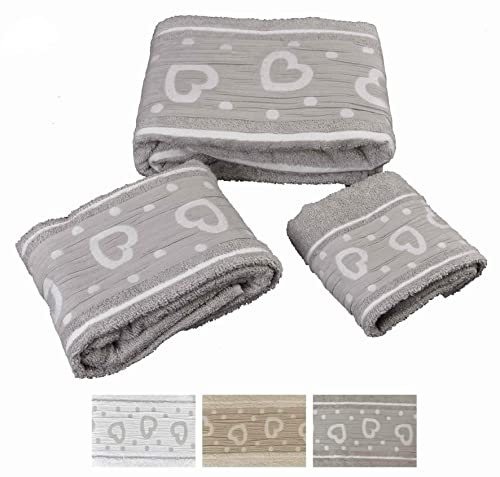 Casatessile Amore cuori Set 3-TLG. Schwamm-Handtücher 3-teiliges Badetuch-Set aus Baumwolle - Panna
