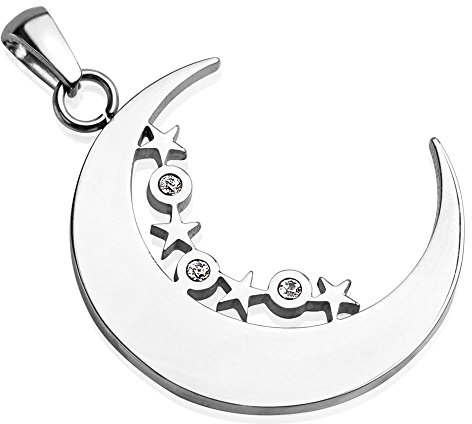 Bungsa Anhänger Mond & Sterne mit Kristall Steinen silber Edelstahl (Kettenanhänger Pendant Charm Beads Chirurgenstahl Damen Herren Schmuck)