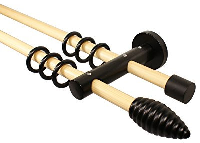 Holz Gardinenstangen 2-läufig Kiefer Schwarz mit 16 mm Durchmesser Endstück Rilli, Länge 200 cm