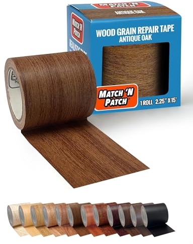 MATCH ’N PATCH Realistic Wood Grain Repair Tape - Self Adhesive Wood Repair Patch for Furniture, Floor, Cabinet, Window, Door & RV - Fix Scratches & Peeling Surfaces, DIY - Antique Oak, 4.5 m x 5.7 cm