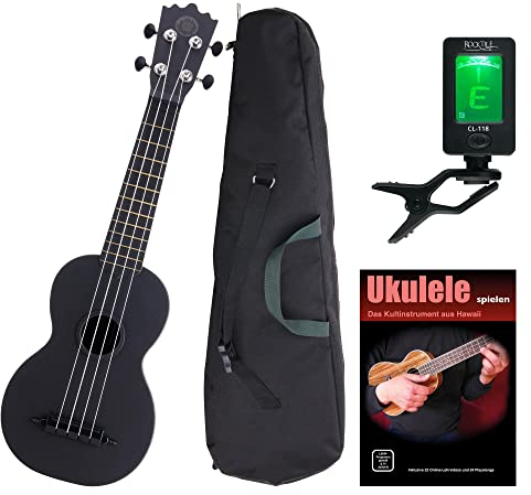 Classic Cantabile BeachBuddy Blackbird Sopran Ukulele SET inkl. Tuner und Noten (Uke, Hawaii Gitarre, Kunststoff, 12 Bünde, Outdoor & Strand tauglich, Stimmgerät, Schule)