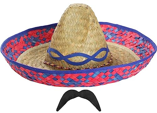 Juego de disfraz mexicano de sombrero y Tash – Sombrero azul de paja y bigote mexicano negro – Juego de accesorios para disfraz de fiesta de México