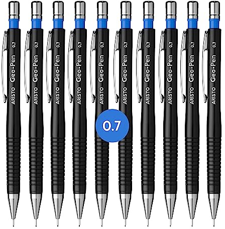 Aristo AR85007 Druckbleistift Geo Pen 0,70 mm (Ergonomisch gerillte Griffzone, gefederte Minenführung, Härtegrad Mine HB, integrierter Radiergummi) schwarz, 10 Stück