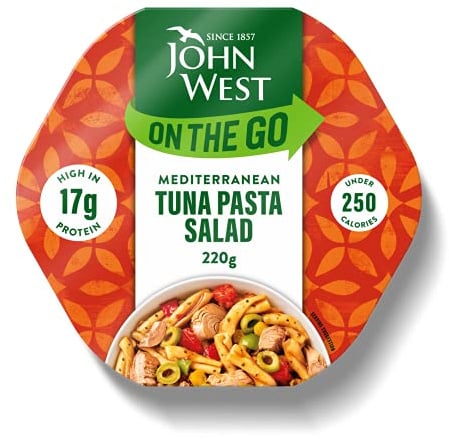 John West On The Go Mediterranean Light Tuna Pasta Salad, 220 g Pot | 17 g Protein, Under 250 Calories, Ready to Eat, No Prep, Fresh Texture