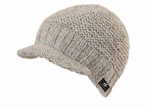 Feinzwirn Teddy Mütze handmade in Nepal Strickmütze Schirmmütze Schildmütze mit Fleece 100% Wolle, grau-beige, Einheitsgröße