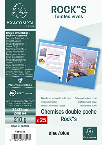 Exacompta 415002E 25er Pack Aktenmappen ROCKS mit 2 Innenfächern 210g für DIN A4 PEFC™-zertifizierte blau Präsentationsmappe Sammelmappe Dokumentenmappe