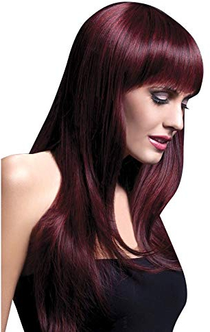 Smiffys Fever Kollektion, Sienna Perücke, Schwarzkirschfarben, Lang gefedert mit Pony, 66cm / 26in